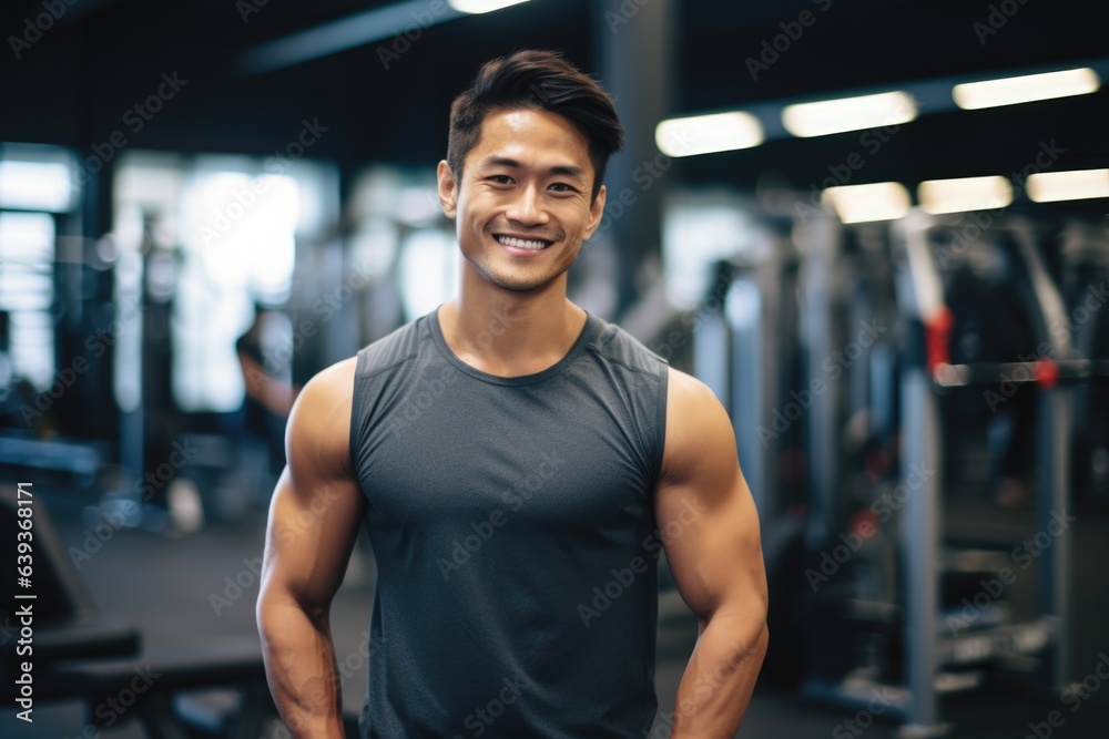 Smiling portrait of a young male asian fitness trainer instructor working in a gym Smiling portrait of a young male asian fitness trainer instructor working in a gym