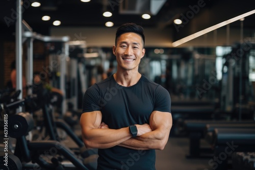 Smiling portrait of a young male asian fitness trainer instructor working in a gym