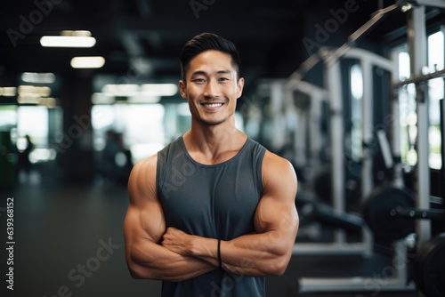 Smiling portrait of a young male asian fitness trainer instructor working in a gym © Baba Images