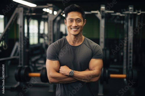 Smiling portrait of a young male asian fitness trainer instructor working in a gym © Baba Images