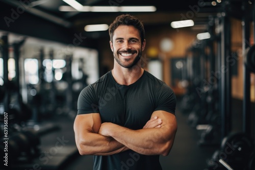 Smiling portrait of a young male caucasian fitness instructor trainer working in a gym