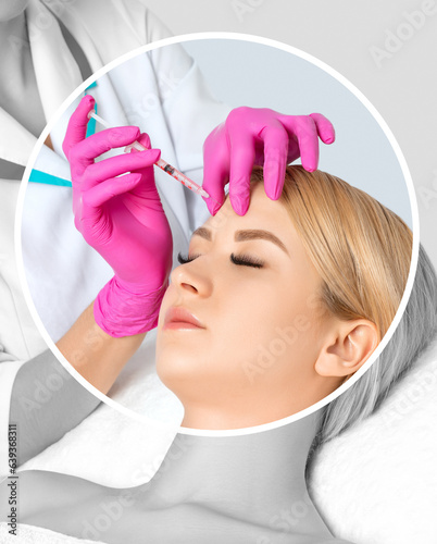 Woman with beautiful clean skin. Cosmetologist does injections on the forehead and between eyebrows of a beautiful woman. Women's cosmetology in the beauty salon.