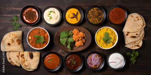 Indian food assorted on dark wooden background. Appetizers and dishes of indian cuisine. Curry, butter chicken, rice, lentils, paneer, samosa, naan, chutney, spices.