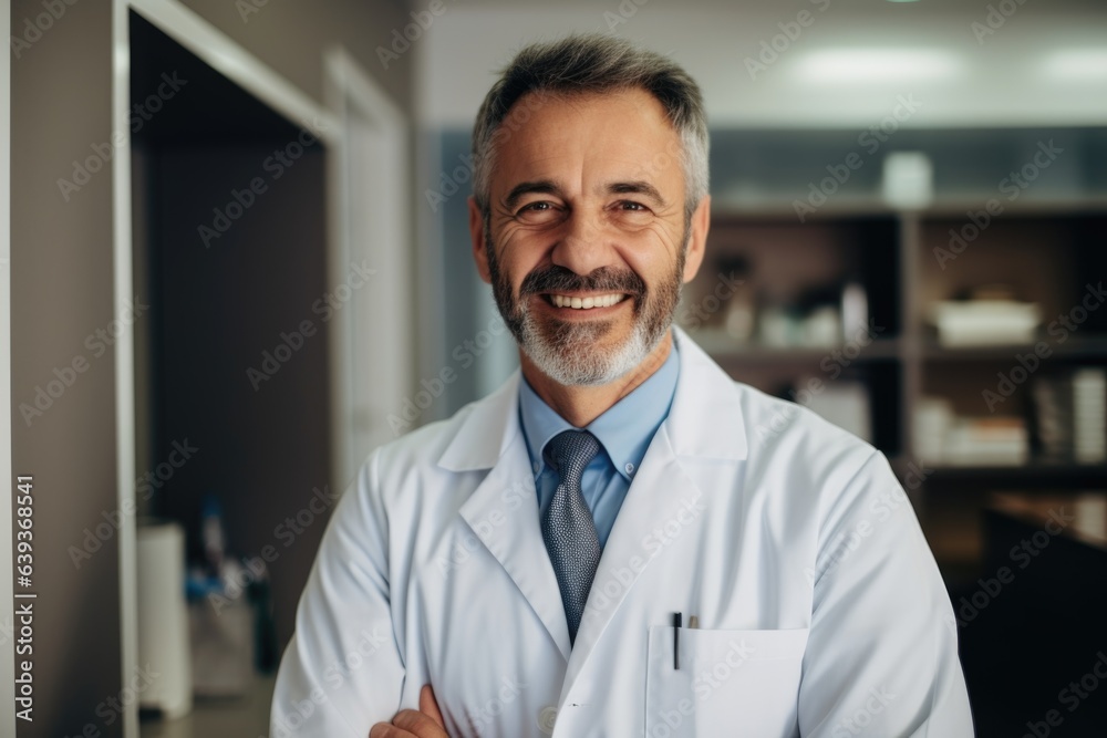 Smiling portrait of a middle aged caucasian doctor in a doctors office in the hospital Smiling portrait of a middle aged caucasian doctor in a doctors office in the hospital