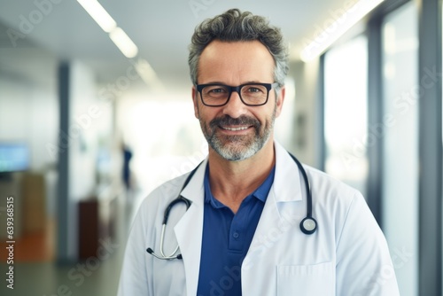 Smiling portrait of a middle aged caucasian doctor in a doctors office in the hospital