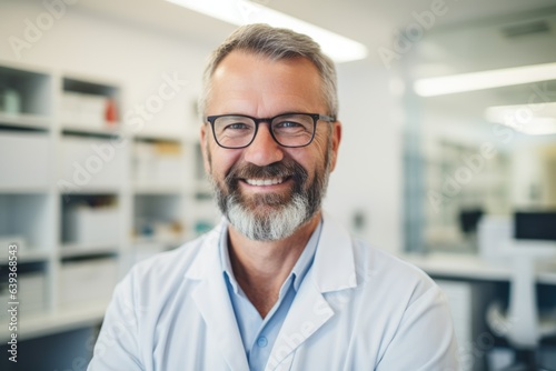 Smiling portrait of a middle aged caucasian doctor in a doctors office in the hospital