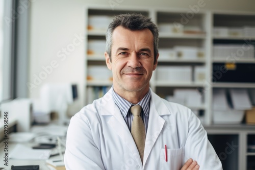 Smiling portrait of a middle aged caucasian doctor in a doctors office in the hospital