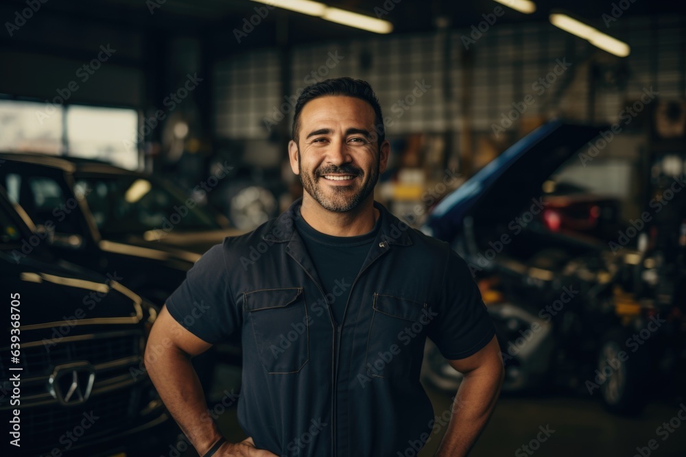 Smiling portrait of a middle aged mexican car mechanic working in a mechanics shop Smiling portrait of a middle aged mexican car mechanic working in a mechanics shop