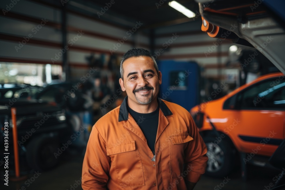 Smiling portrait of a middle aged mexican car mechanic working in a mechanics shop Smiling portrait of a middle aged mexican car mechanic working in a mechanics shop