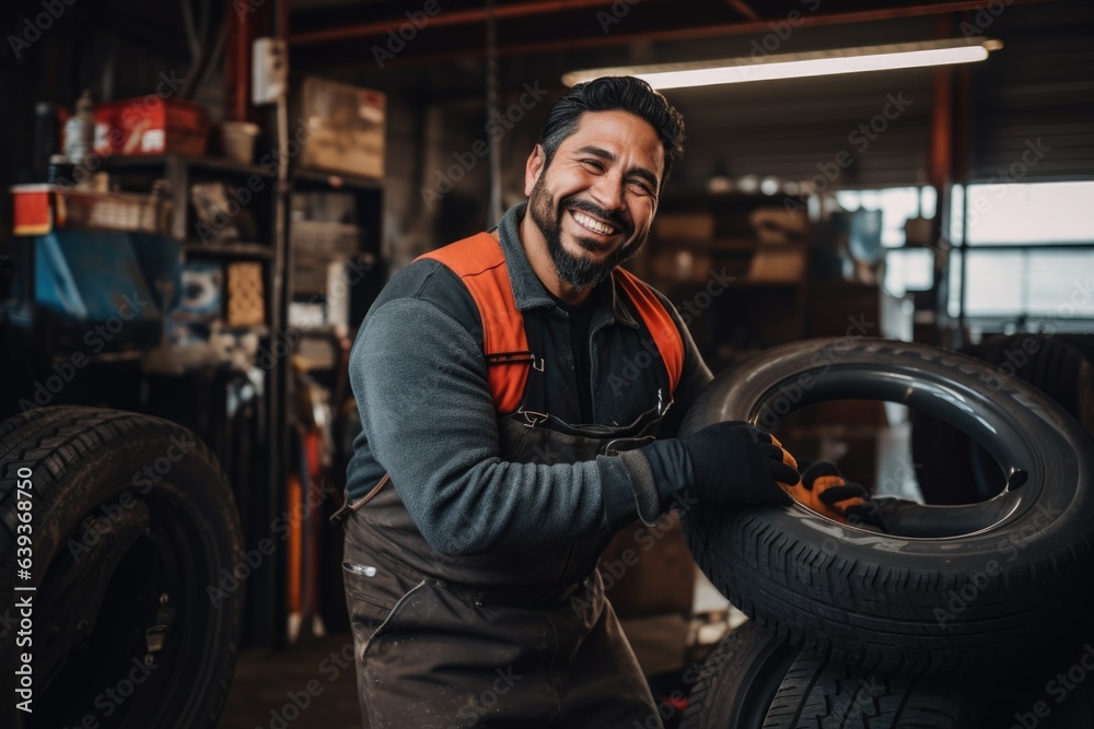 Smiling portrait of a middle aged mexican car mechanic working in a mechanics shop