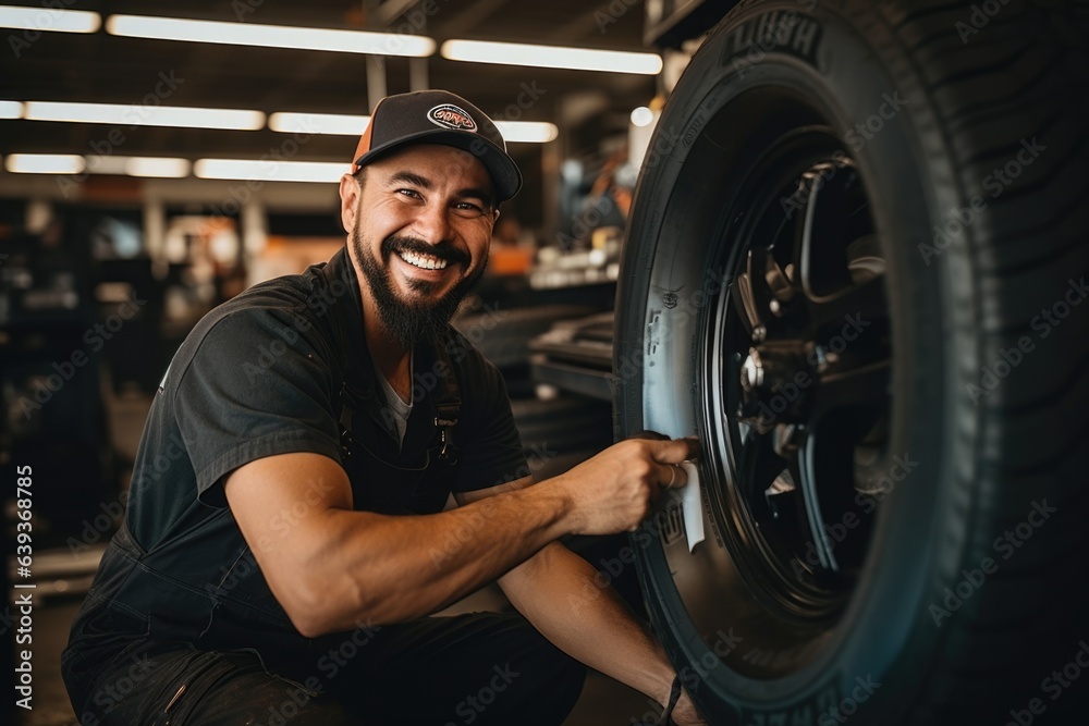 Smiling portrait of a middle aged mexican car mechanic working in a mechanics shop Smiling portrait of a middle aged mexican car mechanic working in a mechanics shop