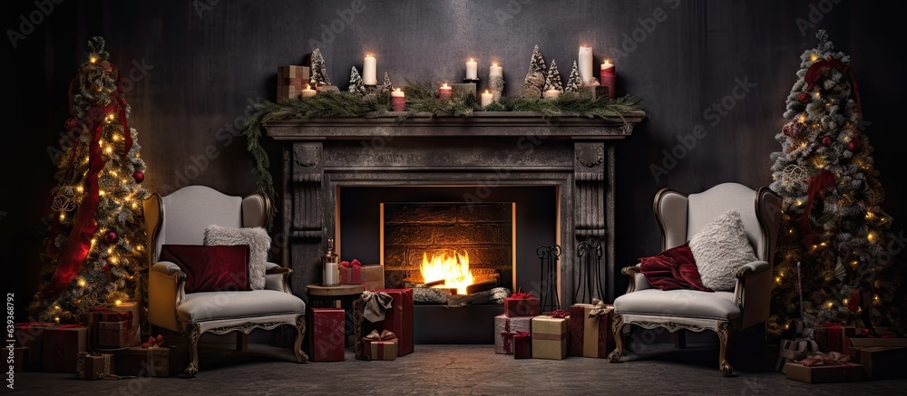 Gorgeous Christmas decor with cozy seating by fire