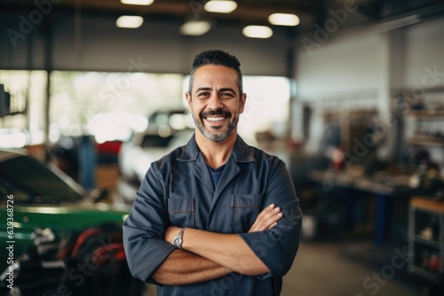 Smiling portrait of a middle aged mexican car mechanic working in a mechanics shop © Baba Images