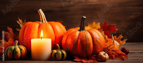 Autumn themed Thanksgiving decorations with lit candles and pumpkins