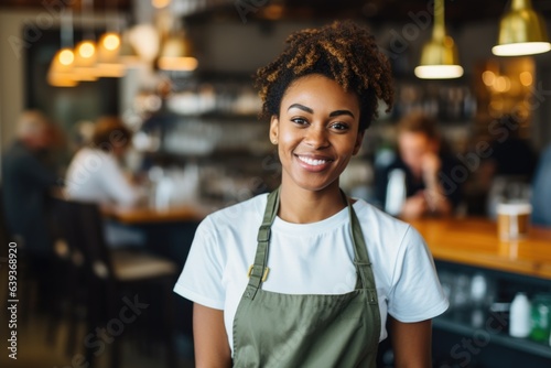 Smiling portrait of a young female african american barista working in a cafe bar © Baba Images