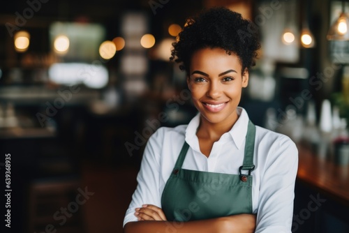 Smiling portrait of a young female african american barista working in a cafe bar