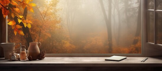 Empty desk with autumn themed window background