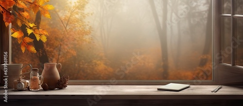 Empty desk with autumn themed window background