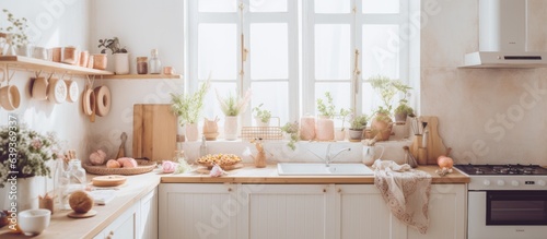 Boho inspired kitchen with bright colors perfect for baking and home cooking