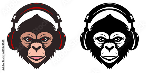 Monkey head wearing headphones simple vector illustration,  monkey wearing headset , earphones black and white logo template stock vector image
