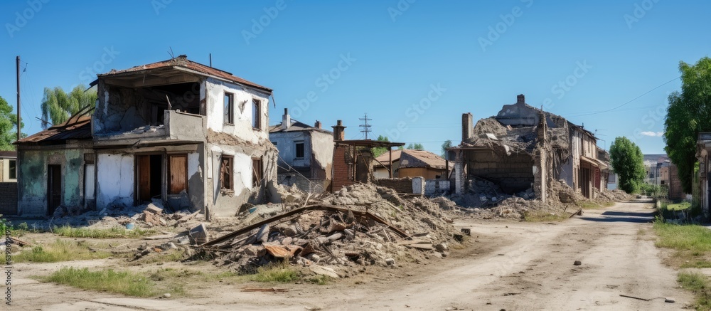 Fototapeta premium Dilapidated houses in impoverished area for less fortunate residents Unrepaired aged homes devastated in crisis District architecture elder abode for those in need