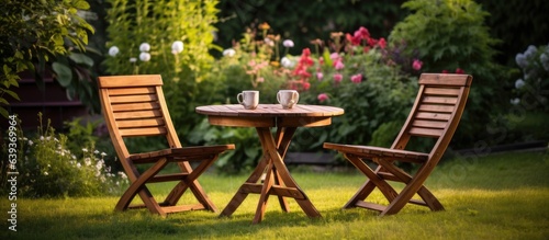 Wooden furniture arranged in a garden corner