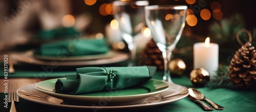 Winter holiday themed table setting for festive Christmas dinner at home adorned with green tablecloth and New Year and Christmas decorations celebrating Happy New Year