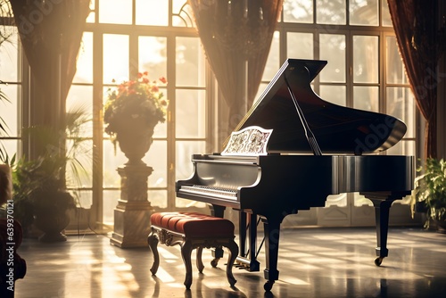 A stunning black grand piano is in a gorgeous music room in a period property. Natural light. Generative AI.
