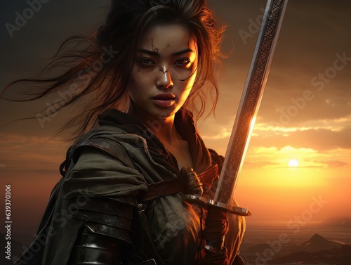 Woman warrior silhouette with samurai sword at fiery sunset in Asian style AI Fototapet