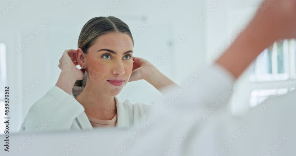 Morning, bathroom mirror and woman with hair or self care for natural beauty and happiness. Face of person with a smile for hairstyle, cosmetics and wellness or grooming routine at hotel, spa or home Morning, bathroom mirror and woman with hair or self care for natural beauty and happiness. Face of person with a smile for hairstyle, cosmetics and wellness or grooming routine at hotel, spa or home