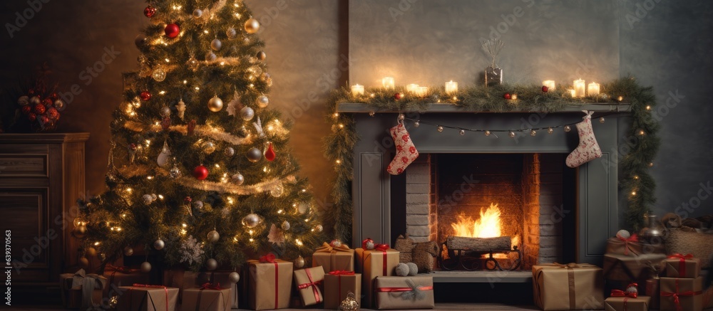 Christmas and New Year ambiance with a decorated green tree gifts garlands and a cozy fireplace Christmas and New Year ambiance with a decorated green tree gifts garlands and a cozy fireplace