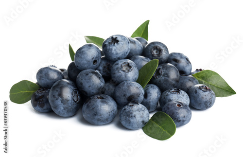 Heap of fresh blueberries and leaves on white background