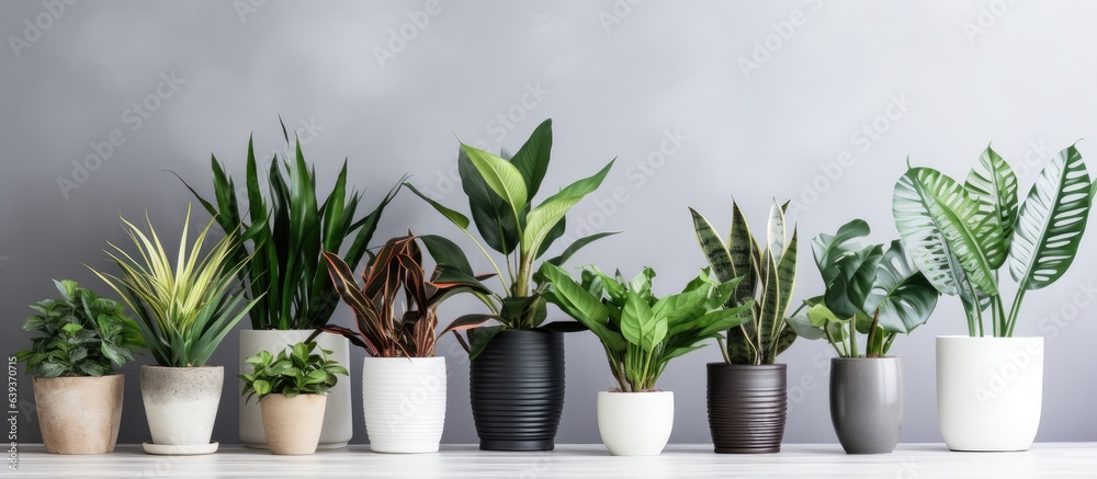 Several diverse fake plants in pots on white wood table by gray wall