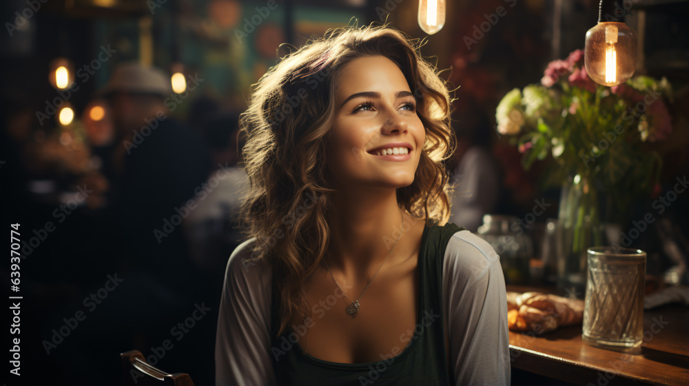 A lovely young woman is seated in an exquisite restaurant, savoring her lunch or dinner with evident delight. She gracefully conveys her appreciation for delectable cuisine expressive hand gestures.