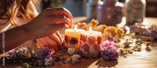 A woman crafts decorative wax candles with dried flowers capturing her hands in close up