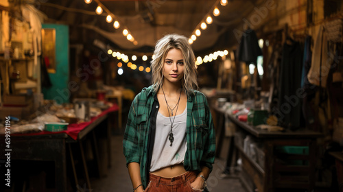 Model in grunge outfit against gritty backdrop. Edgy '90s fashion, urban attitude. 