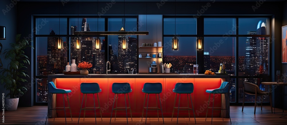Nighttime illustration of a modern kitchen with a counter bar pendant ...