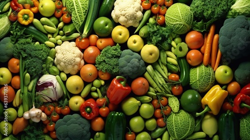 Fresh fruits and vegetables background. Top view. Healthy eating concept.