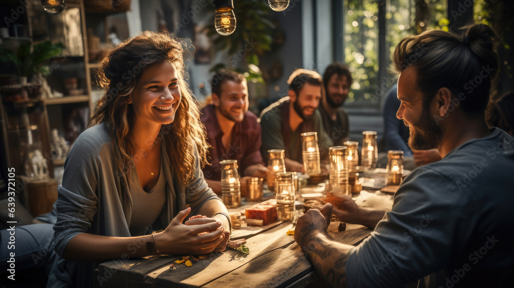 Diverse friends gather in stylish loft apartment. Urban hangout with millennial vibes
Diverse friends gather in stylish loft apartment. Urban hangout with millennial vibes