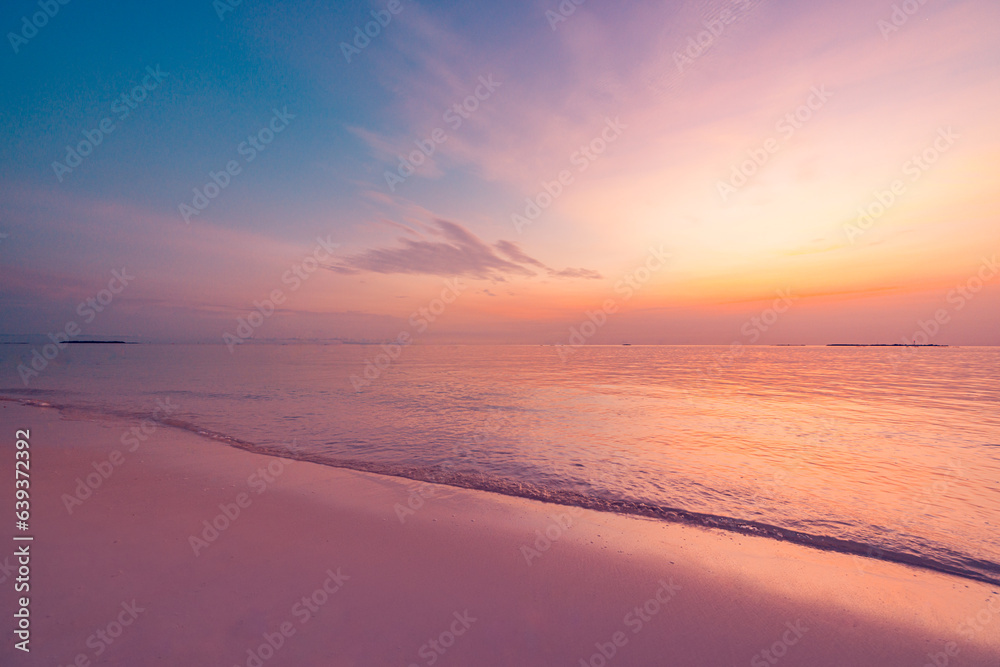 Closeup sea sand beach. Panoramic beach landscape. Inspire tropical seascape waves horizon. Colorful sunset sky calm serenity tranquil relaxing sunlight summer coast. Vacation travel beautiful banner