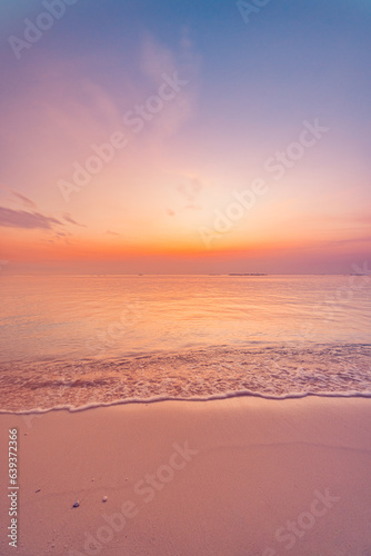 Fototapeta Naklejka Na Ścianę i Meble -  Closeup sea sand beach. Panoramic beach landscape. Inspire tropical seascape waves horizon. Colorful sunset sky calm serenity tranquil relaxing sunlight summer coast. Vacation travel beautiful banner
