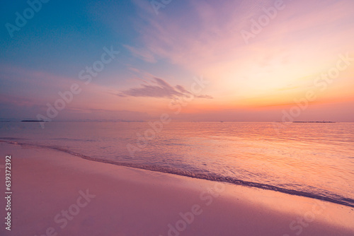 Closeup sea sand beach. Panoramic beach landscape. Inspire tropical seascape waves horizon. Colorful sunset sky calm serenity tranquil relaxing sunlight summer coast. Vacation travel beautiful banner