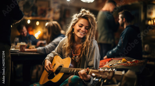 Girl playing guitar in a cafe