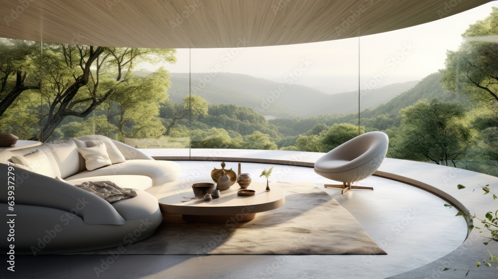 Fototapeta premium Ultra-Modern House with a Circular Window that Connects a Room to Nature Overlooking a Beautiful View