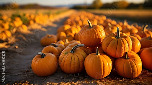Autumn pumpkins on a field. Wallpaper. Ai generated