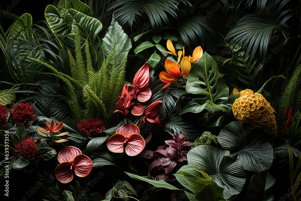 Obraz premium Exotic flowering plants and Green leaves in garden