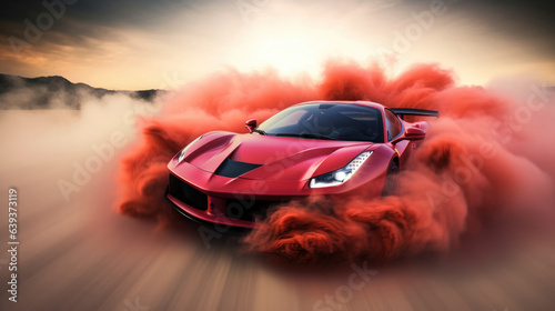Drifting car red smoke. Car in the smoke. Supercar in motion. Sports car drifting in smoke. Supercar in fog.