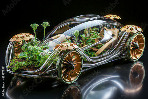 Symbolbild, futuristisches Auto aus biobasierten pflanzlichen Materialien, Generative KI