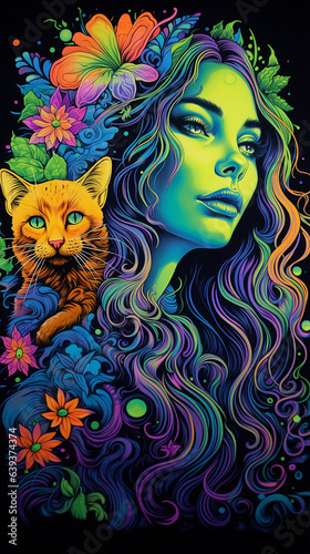 Uv fluorescente reativa feminina gato arte tapeçaria luz preta hippie rock 