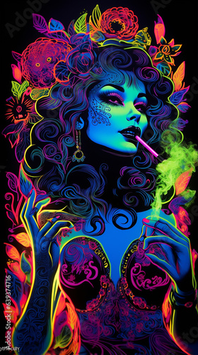 Uv fluorescente reativa feminina felina fumando arte tapeçaria luz preta hippie rock 